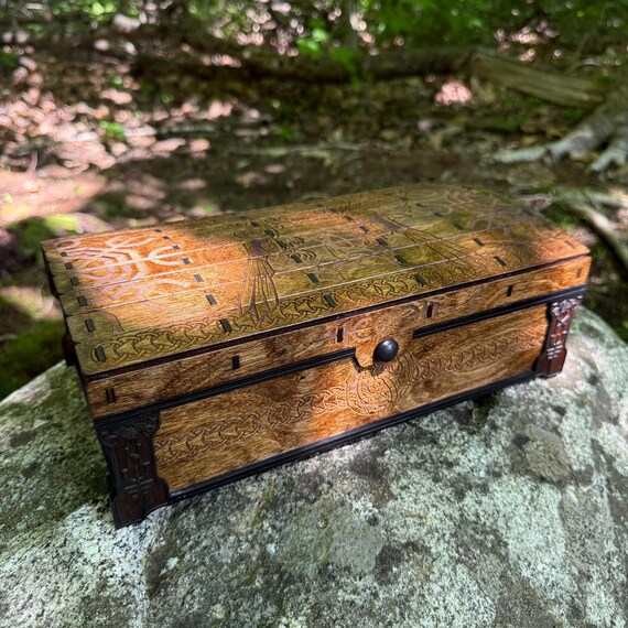 Keepsake Chest: "Allfather’s Ravens"; Laser-Engraved Box, Nordic-themed Artwork, Handcrafted Wooden Chest w/ magnetic lid & velvet interior