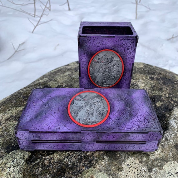 RPG Accessory Set: Thematic "Adventurer's Case" & Dice Tower - "Webs of the Drow"; Laser-engraved, Handcrafted and Painted - Ready To Ship!