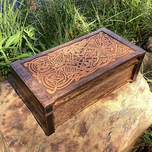 Keepsake Box: &quot;Hounds & Herons&quot;; Laser-Engraved Memento / Jewelry Box, Celtic-themed Art, Handmade Medium Size Wooden Chest, velvet interior