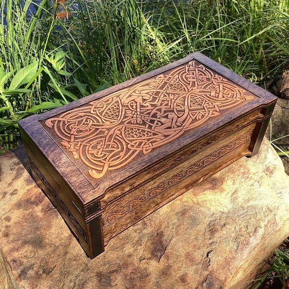 Keepsake Box: "Hounds & Herons"; Laser-Engraved Memento / Jewelry Box, Celtic-themed Art, Handmade Medium Size Wooden Chest, velvet interior