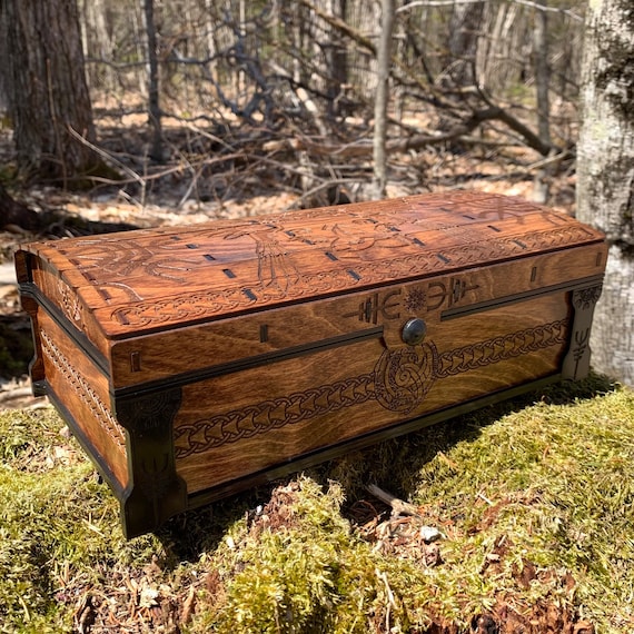 Keepsake Chest: "Ravens of the Allfather"; Laser-Engraved Box, Nordic-themed Artwork, Handcrafted Chest w/ magnetic closure & felt interior