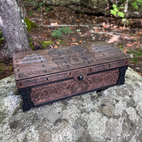 Keepsake Chest: "Einherjar Halls"; Laser-Engraved Box, Nordic-themed Art, Handcrafted Wooden Chest w/ magnetic closure & velvet interior
