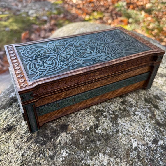 Keepsake Box: "Hounds & Herons" - Laser-Engraved Wooden Memento Chest, Celtic-themed Artwork, Customizable - MADE TO ORDER