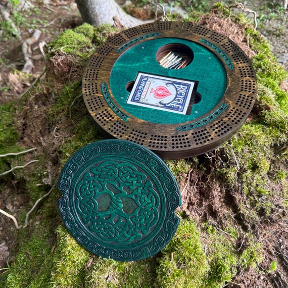 Cribbage Board: Round 4-Player Wooden Cribbage track w/ Card & Peg Storage, Customizable Artwork and Color Choices, Cards and Pegs Included