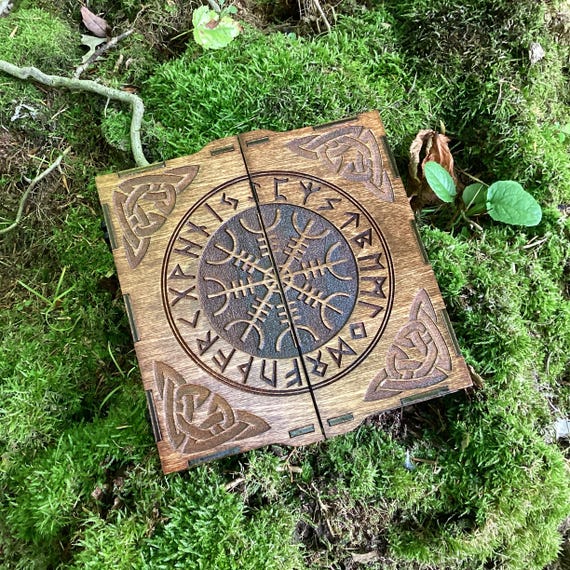 Runes Set & Box: "Helm and Compass"; hardwood Nordic Elder Futhark Runes in a Decorative Wooden Box Tray, laser-engraved and customizable