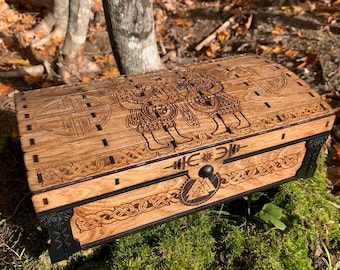 Keepsake Chest: &quot;Einherjar Halls&quot;; Laser-Engraved Box, Nordic-themed Art, Handcrafted Wooden Chest w/ magnetic closure & velvet interior