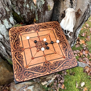 Morris Board Game: Nine Men&#39;s Morris, Twelve Men&#39;s Morris, Mill Game - Wooden Strategy Game, Handcrafted, Wood Burned Artwork, Customizable
