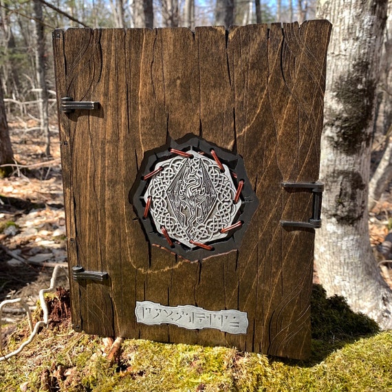 Book Box: "Dovahkiin"; Laser-Engraved Box w/ Skyrim-themed Art, Handcrafted Wood Case w/ magnetic latch closure & felted interior; A4 paper