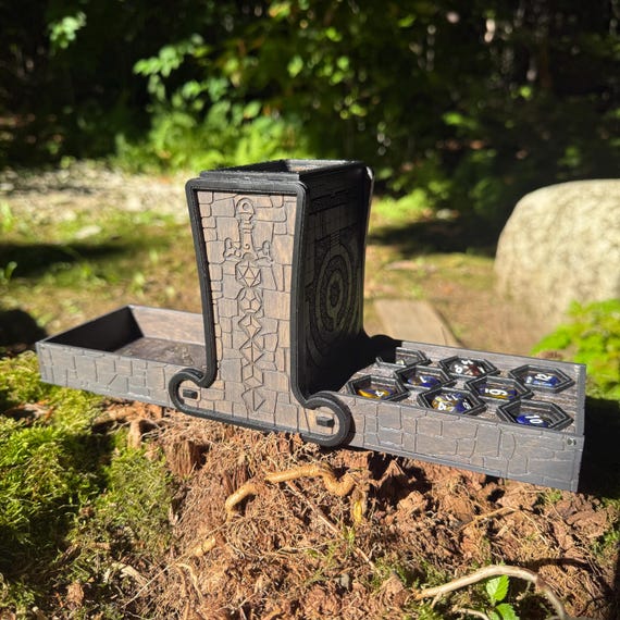 Dice Tower: "the Dungeoneer" Fantasy-themed Wooden Dice Tower w/ Storage Hive, RPG Accessory, Magnetic Closure, Holds Eight 19mm Polyhedrals