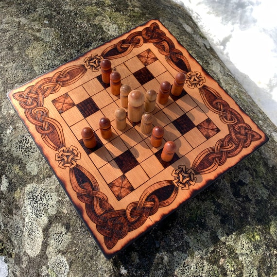 Hnefatafl: 7x7 square grid; historical Irish Brandub & modern 'Magpie' game variants, Handcrafted Traditional Wood Board Game – Customizable