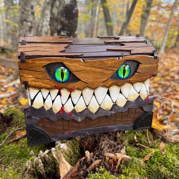 Mimic Box: “Gobbler the Great”; Brutish Wooden Trunk, Treasure Chest, Keepsake Box, Jewelry Chest, Memento Box, Laser-Engraved, Hand Painted