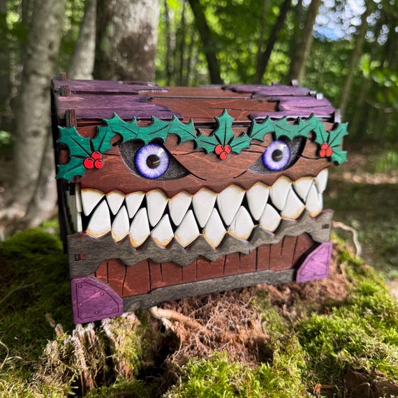 Mimic Box: “Holiday Gobbler”; Seasonal Mimic, Wooden Treasure Chest, Keepsake Box, Laser-Engraved & Hand Painted - LIMITED HOLIDAY EDITION