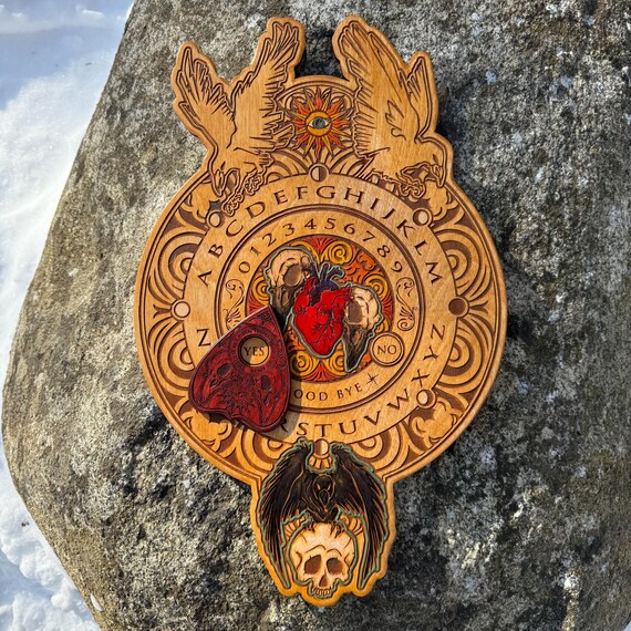 Spirit Board: "Ravensheart" - Wooden Spirit Board w/ Planchette, Talking Board, Ouija, Witch Board, Laser Engraved w/ Accent Color Options