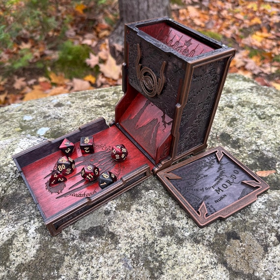 Dice Tower: "Shadow of the Past" - Wooden Folding Dice Tower w/ Lord of the Rings theme, Laser Engraved & Handcrafted - Customizable Colors