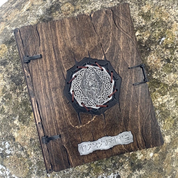 Dovahkiin Book Box: Laser-Engraved Box w/ Skyrim-themed Artwork, Handcrafted Wood Case w/ magnetic latch closure & felted interior; A4 paper