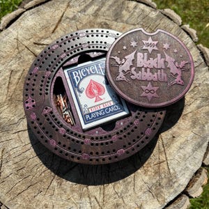 Cribbage Board: &quot;Metal Legends&quot; Classic Metal Music-themed Round 2-Player Wooden Cribbage track w/ Card & Peg Storage; Cards, Pegs Included