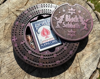 Cribbage Board: "Metal Legends" - Music-themed Round 2-Player Wooden Cribbage Track - MADE TO ORDER