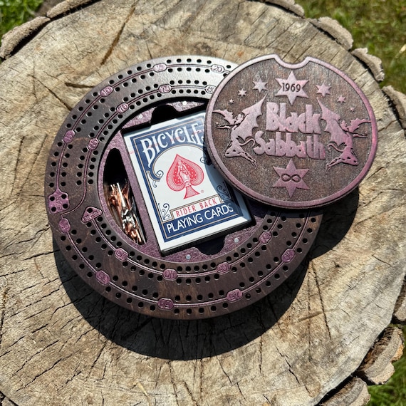 Cribbage Board: "Metal Legends" Classic Metal Music-themed Round 2-Player Wooden Cribbage track w/ Card & Peg Storage; Cards, Pegs Included