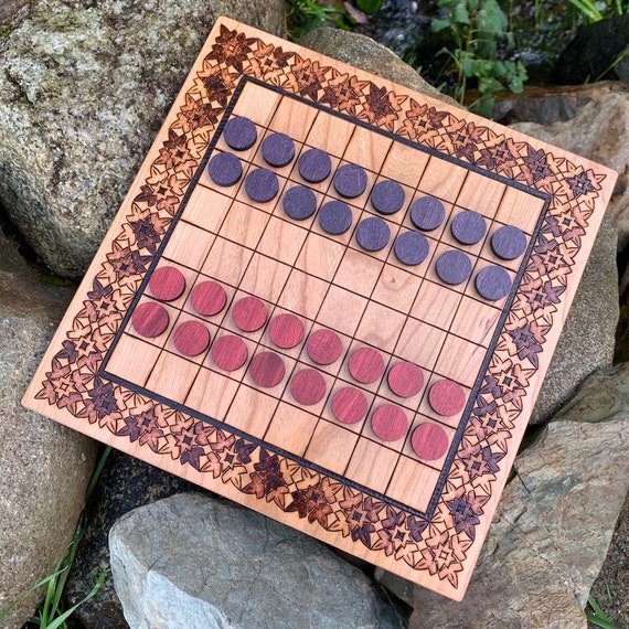 Dama Game: Turkish Draughts, Checkers variant; Handcrafted Middle Eastern Wooden Board Game & Pieces, w/ Woodburned Art, many custom options