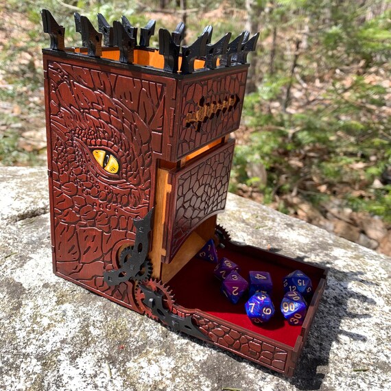 Dice Tower: "Draconian Gears" - Laser-engraved, Hand Painted RPG Accessory, Folding Geared Wooden Dice Tower, Chromatic Dragon-themed Tower