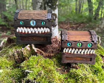 Mimic Box: “Chomper” - Wooden Treasure Chest w/ Teeth, Laser-Engraved & Handcrafted - MADE TO ORDER