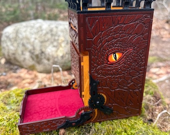 Dice Tower: "Draconian Gears" - Laser-engraved, Hand Painted Dragon-themed Dice Tumbler - MADE TO ORDER