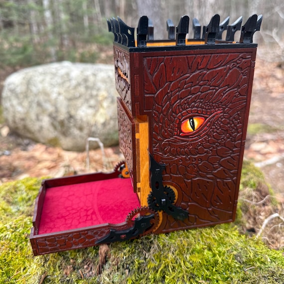 Dice Tower: "Draconian Gears" - Laser-engraved, Hand Painted RPG Accessory, Folding Geared Wooden Dice Tower, Chromatic Dragon-themed Tower