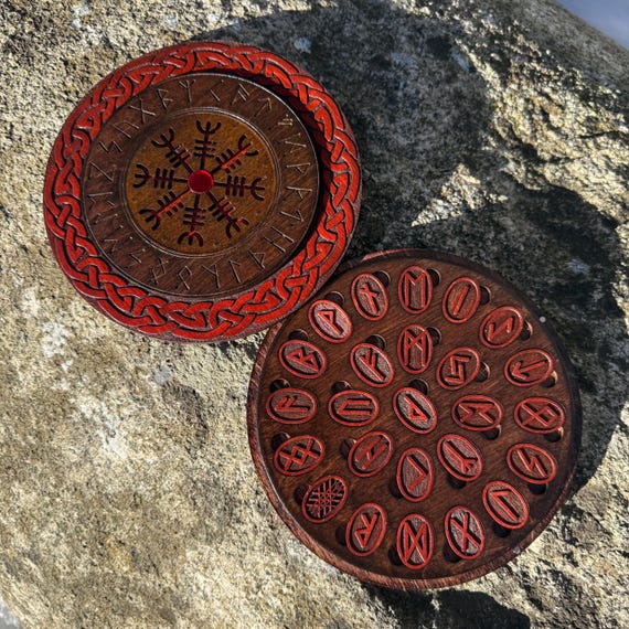 Runes Set: "Wanderer's Wisdom" - Elder Futhark Runes Divination set, w/ Portable Case, Laser-Engraved Wooden Runes; Custom Color Choices