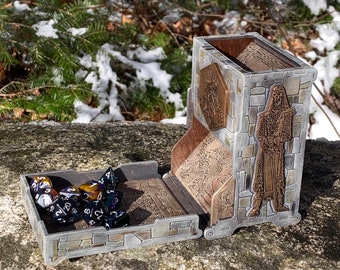 Dice Tower: "Crypts of Evil" - Laser-engraved, Hand Painted RPG Accessory w/ classic, darkly thematic art, Folding Box-style Wood Dice Tower