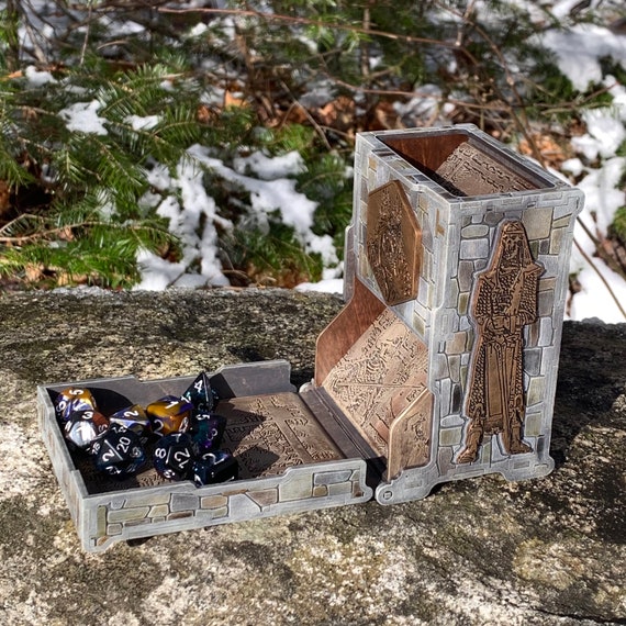 Dice Tower: "Crypts of Evil" - Laser-engraved, Hand Painted RPG Accessory w/ classic, darkly thematic art, Folding Box-style Wood Dice Tower