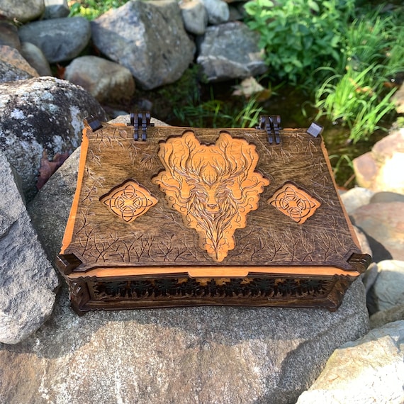 Keepsake Box: "the Woodland Warden" chest, Druid / Cernunnos Theme, the Wild Hunt, Laser-Engraved & Handcrafted Wooden Box, Gaelic reliquary