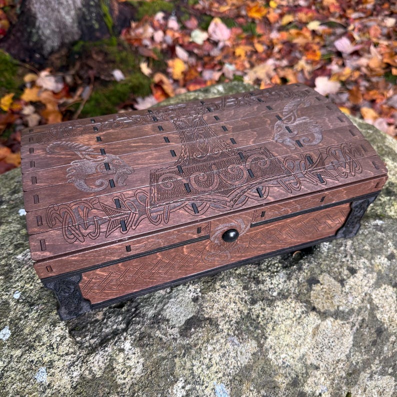 Keepsake Chest: Thor Odinsson; Laser-Engraved Box, Nordic-themed Artwork, Handcrafted Wooden Chest w/ magnetic closure & velvet interior