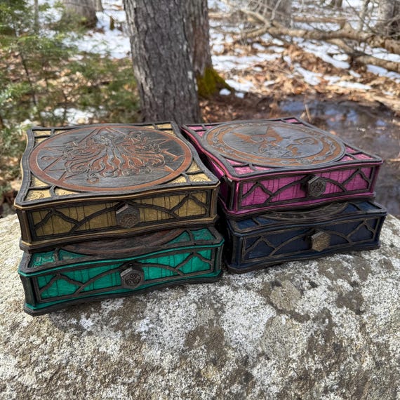 Drawer Box: Handcrafted Wooden Box w/ Drawer, Slider Box, Desktop Drawer, Game Gear Storage, Laser Engraved Art, Selectable Designs & Colors