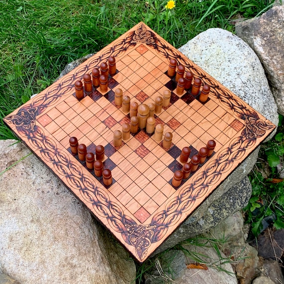 Hnefatafl: 13x13 square grid; historic Gokstad Tafl & modern 'Sea Battle' game variants, Handcrafted Viking Wooden Board Game, Customizable