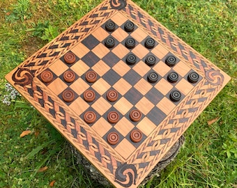 Checkers: English Draughts, Drafts, Handcrafted Wooden Game w/ Wood-burned Artwork, Customizable - MADE TO ORDER
