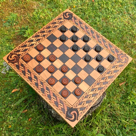 Checkers Game: English Draughts, Drafts, 2-player Strategy Board Game, Handcrafted Wooden Game, Woodburned Art & Grid, Customizable Options