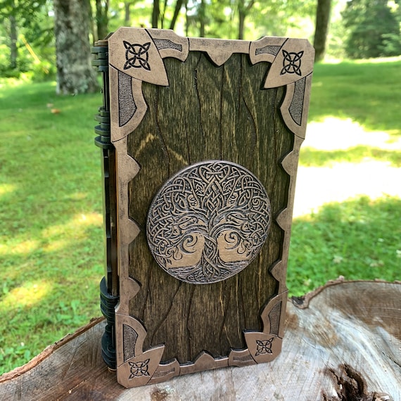Tarot Card Box: "Book of the Oracle" Wooden Book-box for Standard Tarot Cards; Laser-engraved Artwork, includes 6 Witches’ Divination Dice