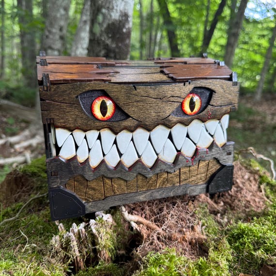 Mimic Box: “Gobbler the Great”; Brutish Wooden Trunk, Treasure Chest, Keepsake Box, Jewelry Chest, Memento Box, Laser-Engraved, Hand Painted