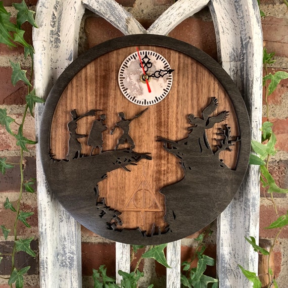 Wall Clock: Deathly Hallows - themed Wood Clock, Perfect for Harry Potter Fans, Wizarding World, Laser Engraved, Quartz Action; CUSTOMIZABLE