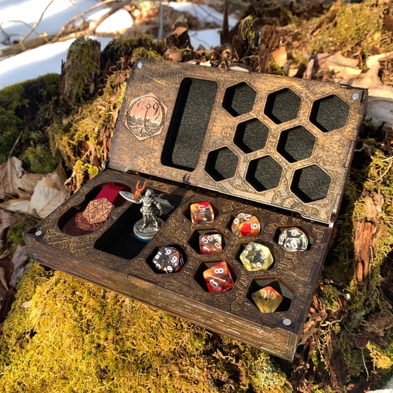 RPG Character Case: "D20 Adventurer" - Character Class-themed Dice & Miniature Caddy, Wooden Handcrafted Case, Role-Playing Game Accessory