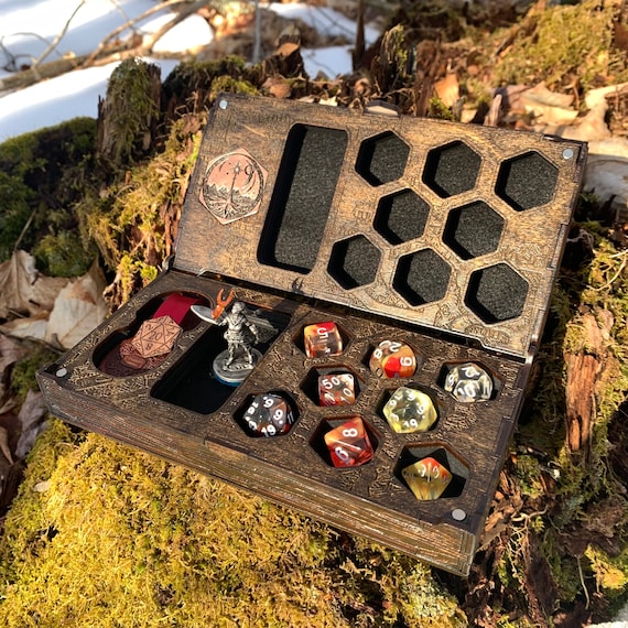 RPG Character Case: "D20 Adventurer" - Character Class-themed Dice & Miniature Caddy, Wooden Handcrafted Case, Role-Playing Game Accessory