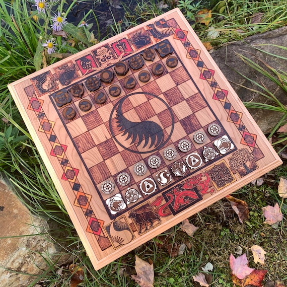 Chess Board Game: Wheel of Time-themed Chess game w/ Laser-engraved Icon Pieces, Handcrafted Wooden Game, Pyrographed Artwork, Customizable