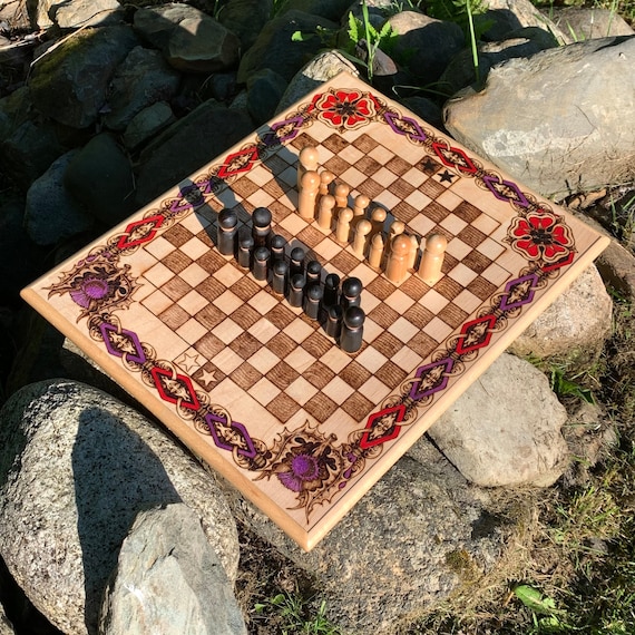 Camelot Game: Hybrid Strategy Game, inspired by Chess; Traditional 19th-Century Board Game, Handcrafted w/ Pyrographed Art; "Chivalry" Game