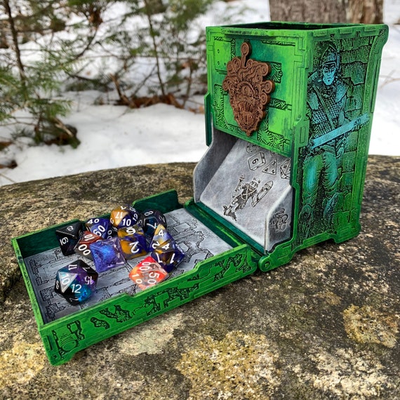 Dice Tower: "Adventures In the Dark" - Laser-engraved, Hand Painted RPG Accessory w/ classic art theme, Folding Box-style Wood Dice Tower
