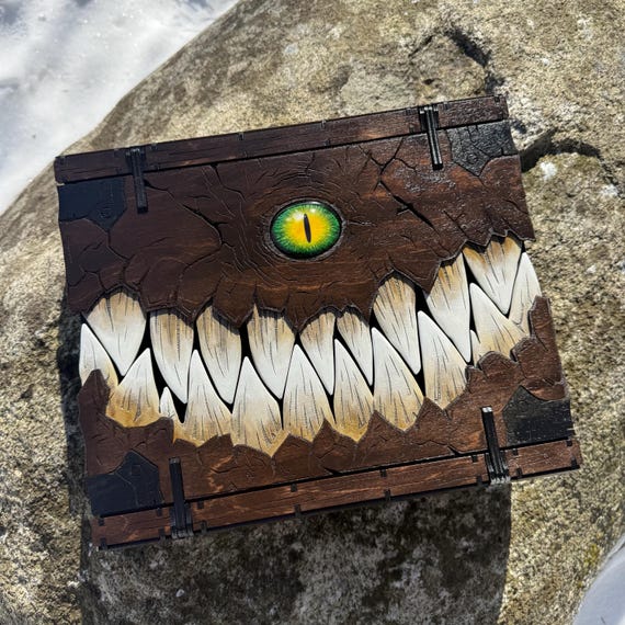 Mimic Box: “Gulper” - Wickedly-themed Laser-Engraved Book Box, Handcrafted Wooden Memento Case - MADE TO ORDER