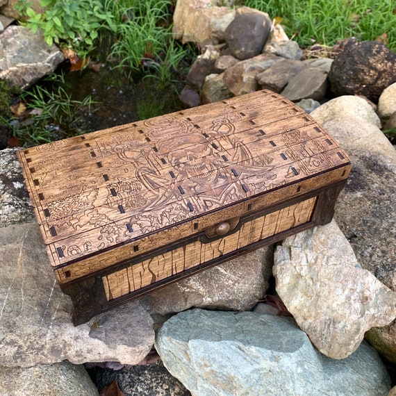 Keepsake Chest: "Sea Wolf Territory"; Laser-Engraved, Pirate-themed Artwork, Handcrafted Wooden Box w/ magnetic closure & velvet interior