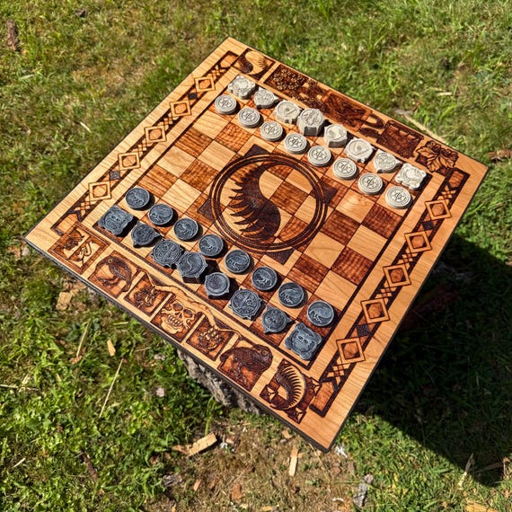 Chess Board Game: Wheel of Time-themed Chess game w/ Laser-engraved Icon Pieces, Handcrafted Wooden Game, Pyrographed Artwork, Customizable