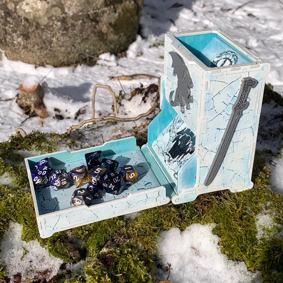 Dice Tower: "Lair of Icingdeath" - Laser-engraved, Hand Painted RPG Accessory w/ icy artistic theme, Folding Box-style Wooden Dice Tower