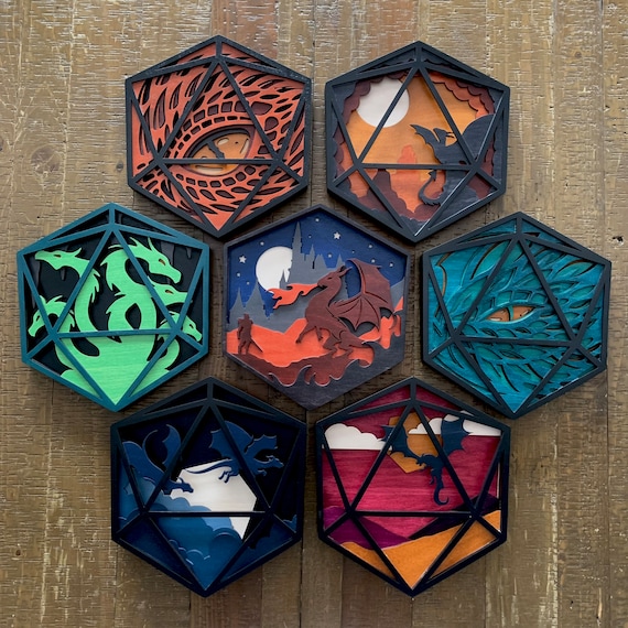 Dimensional Art: "D20 Dragons" Wall Decor, Layered Wooden Artwork, Stacked Picture, Fantasy RPG Art; pick a dragon or sold as complete set!