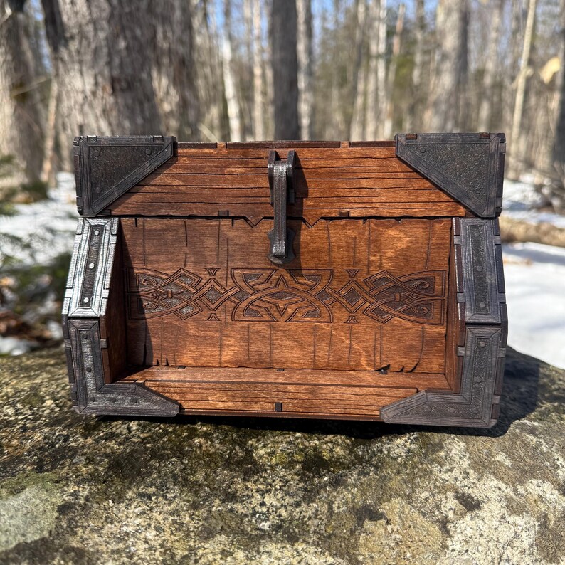 Memento Chest: “Sigurd's Strongbox” - Nordic-themed Wooden Treasure Chest, Laser-Engraved & Handcrafted, Customizable - MADE TO ORDER Mahogany